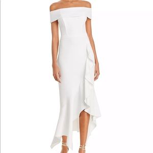 AQUA Scuba Crepe Off-the-Shoulder Midi Dress